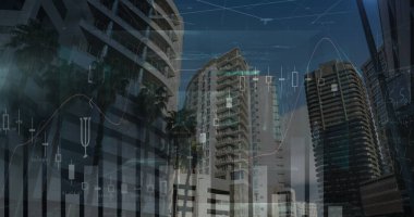 Yüksek binalara karşı istatistiksel veri işleme ve matematiksel denklemlerin birleşik görüntüsü. küresel iş ve teknoloji kavramı