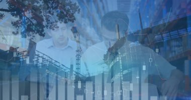 Beyaz erkek depo çalışanları üzerinde finansal grafikler. iş, finans ve dağıtım hizmetleri kavramı dijital olarak oluşturulmuş görüntü.