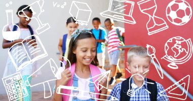 Okulda merdivenlerden inen bir grup farklı öğrenci için okul konsepti simgeleri. Okul ve eğitim kavramı