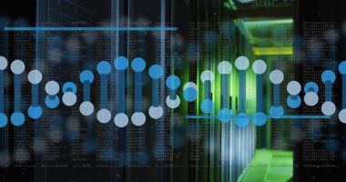 Sunucu odasındaki veri işleme ve DNA iplikçiklerinin resmi. Küresel iş ve dijital arayüz kavramı dijital olarak oluşturulmuş görüntü.