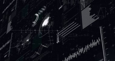 Siyah arkaplan üzerinde istatistik ve veri işleme resmi. Küresel veri işleme ve dijital arayüz konsepti dijital olarak oluşturuldu.