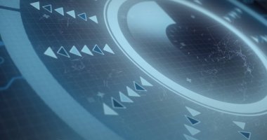 Dijital radardaki oklar soyut arkaplan ile bağlantılı noktalar üzerinde. Dijital olarak üretilmiş, hologram, sonar, büyüme, iletişim ve teknoloji kavramı.