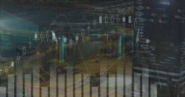 Şehir manzarası üzerinde finansal veri işleme resmi. küresel finansmanlar, veri işleme ve dijital arayüz kavramı dijital olarak oluşturulmuş görüntü.