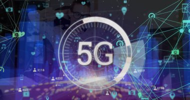 5G görüntüsü, işleme çemberi, radar ve metaevren üzerindeki bağlantılar. İş, ağ, bağlantılar, iletişim ve teknoloji konsepti dijital olarak oluşturulmuş görüntü.