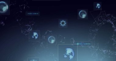 Dünya üzerinde soyut şekiller oluşturan noktalar, arkaplanda radarlar ve ses dalgaları. Dijital olarak üretilmiş, hologram, küreselleşme, sonar, müzik, soyut, iletişim ve teknoloji.