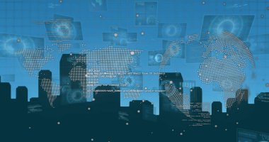 Mavi zemin üzerinde dijital arayüz ve veri işleme görüntüsü. Dijital olarak oluşturulmuş küresel veri işleme kavramı.