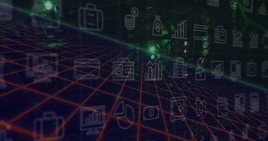 Siyah dijital uzayda teknik simgelerin resmi. Ağ, bağlantılar ve teknoloji konsepti dijital olarak oluşturuldu.