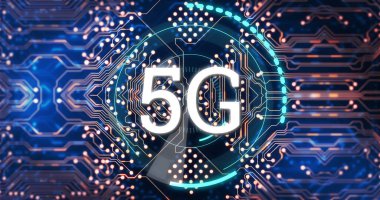 Mavi arkaplandaki mikroişlemci bağlantılarını taramak için 5g üzerinde metin. Küresel ağ teknolojisi kavramı