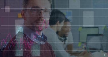 Image of financial data processing over diverse business people. Global finances, business and digital interface concept digitally generated image.