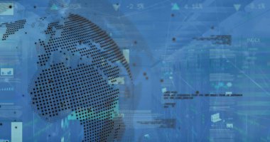 Mavi zemin üzerinde dijital arayüz ve veri işleme görüntüsü. Dijital olarak oluşturulmuş küresel veri işleme kavramı.