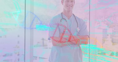 Beyaz erkek doktor üzerinde dönen veri işleme ve DNA ipliği görüntüsü. küresel tıp, araştırma, sağlık, dijital arayüz ve veri işleme kavramı dijital olarak oluşturulmuş görüntü.