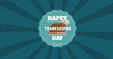 Mavi daire ve çizgili arka plan üzerinden Mutlu Şükran Günü mesajı. Şükran Günü, Amerikan geleneği ve dijital olarak üretilen görüntü konsepti.