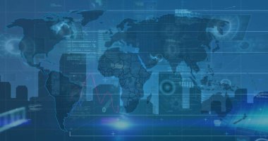 Mavi arkaplan üzerinde dijital arayüz ve veri işleme resmi. Dijital olarak oluşturulmuş küresel veri işleme kavramı.