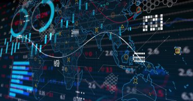 Dünya haritası üzerinde istatistiklerle veri işleme resmi. Küresel hesaplama, bağlantılar, ağlar ve dijital arayüz konsepti dijital olarak oluşturuldu.