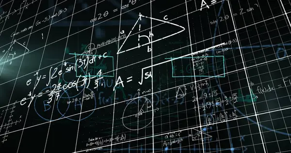 Matematiksel denklemlerin siyah arkaplan üzerindeki görüntüsü. küresel eğitim ve öğrenme kavramı dijital olarak oluşturulmuş görüntü.