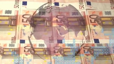 Dünyayı 50 avronun üzerinde banknotlarla canlandırmak. Küresel, finans, para birimi, bankacılık, ekonomi, animasyon