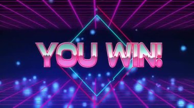 Parlayan ışıklarla neon şebeke arka planında metin animasyonu kazanırsın. Galibiyet, zafer, kutlama, dijital, geleceksel, oyun