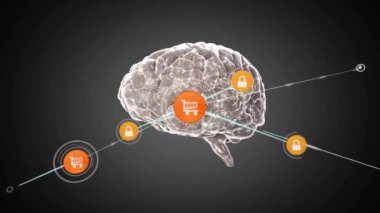 Birbirine bağlı alışveriş arabası ve beyinde e-ticaret güvenliğini temsil eden ikonlar. siber, koruma, çevrimiçi, şifreleme, dijital, teknoloji