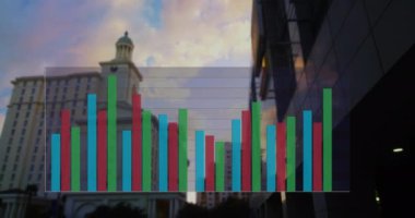 Modern ve tarihi binalarla şehir manzarası üzerine bar çizelgesi. Kentsel, ticari, veri, istatistik, ufuk çizgisi, ilerleme