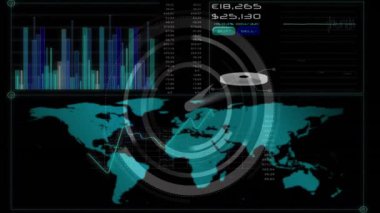 Finansal veriler ve küresel piyasa eğilimleri dünya haritası ve bar tabloları üzerinde animasyon. Maliye, ekonomi, istatistik, iş, analiz
