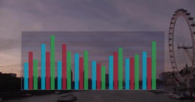Gün batımında nehir ve dönme dolap ile şehir manzarası üzerinde bar çizelgesi. Skyline, urban, statistikler, akşam