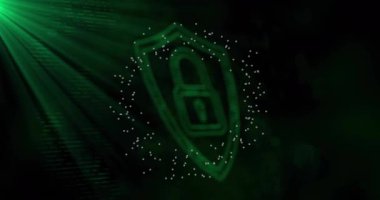 Yeşil asma kilit ve kalkan, karanlık dijital arkaplanda siber güvenlik animasyonu. Koruma, şifreleme, güvenlik, güvenlik, teknoloji, veri