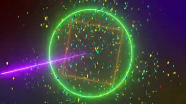 Koyu arkaplanda renkli konfeti animasyonuyla neon daire ve kare şeklinde. soyut, parti, canlı, parıltılı, geometrik