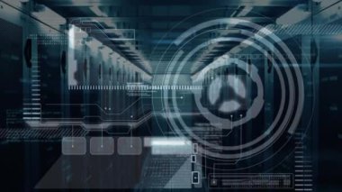 Dijital arayüz elemanlarıyla sunucu odasında veri işleme animasyonu. Teknoloji, ağ, siber güvenlik, bilgi