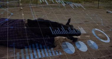 Kumlu zeminde yatan kişi, veri analizi animasyonu ile örtüşüyor. Teknoloji, yenilik, fütüristik, dijital, görselleştirme