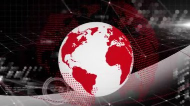 Dijital şebeke ve kırmızı dünya haritası üzerinde dönen dünya animasyonu. Global, teknoloji, fütüristik, sanal