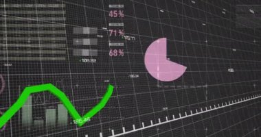 Küresel finansal veri ve grafikler üzerinde yeşil çizgi grafik animasyonu. Maliye, analitik, yatırım, büyüme, ekonomi, eğilimler