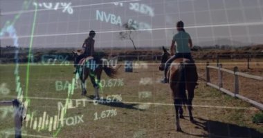 Kırsal kesimde at süren insanların borsa veri animasyonları. Finans, at sırtında, iş dünyası, ekonomi, yatırım, analitik