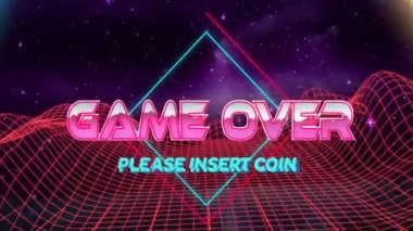 Game Over metin animasyonu retro ızgara ve neon geometrik şekiller üzerinde. oyun, 80 'ler, dijital, video oyunu, vintage, futuristik