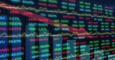 Borsa verilerinin canlandırılması ve finansal grafikler, değişen fiyatlar ve şirket kodları. Maliye, yatırım, veri analizi, ticaret, dengesizlik, teknoloji