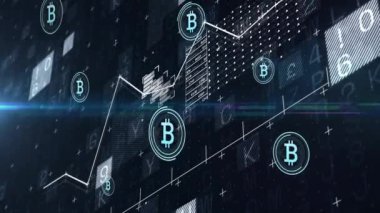 Bitcoin sembolleri ve finansal veri işleme animasyonu dijital arkaplan üzerinde. Kripto para birimi, engelleme zinciri, finans, teknoloji