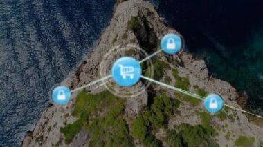 Alışveriş arabası ve kilit ikonları animasyonu, kıyı şeridi üzerindeki ağ güvenliği. siber güvenlik, e-ticaret, teknoloji, bağlantı, koruma, dijital
