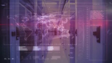 Sunucu odasında arka planda sunucularla dünya haritası veri animasyonu taranıyor. technology, digital, siber güvenlik, network, global, database