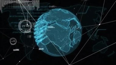 Dünya haritası üzerinde veri ve ağ bağlantıları olan dijital bir küre. Teknoloji