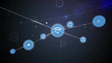 Müzik ve Wi-Fi simgeleri çizgilerle, ağ bağlantısı animasyonuyla birbirine bağlanır. Teknoloji, kablosuz, internet, iletişim, multimedya, dijital