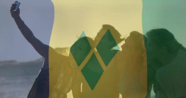 Bir grup arkadaş Saint Vincent ve Grenadines bayrak animasyonu üzerinde selfie çekiyorlar. seyahat, turizm, Karayipler, eğlence, tatil, kutlama