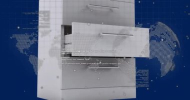 Mavi arkaplanda dünya haritası ve kod animasyonu olan bir çekmece açılıyor. Teknoloji, küresel, yenilik, dijital, veri, sanal