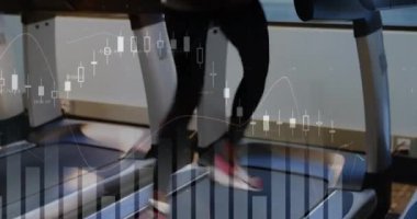 Finansal veri tablosu, spor salonunda koşu bandı kullanan birinin animasyonunu gösteriyor. Finans, fitness, sağlık, egzersiz, teknoloji