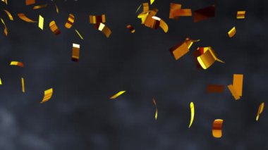 Düşen altın konfeti animasyonu karanlık arka planda neşeli bir atmosfer yaratıyor. Kutlama, parti, ışıltı, parıltı