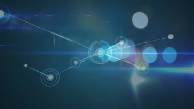 Bulanık ışık arkaplanı üzerinden bağlantı ve veri işleme animasyonu ağı. Teknoloji, dijital, iletişim, fütürist