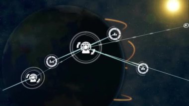 Küresel ağ bağlantıları ve veri alışverişi uzayda Dünya 'nın üzerinde gerçekleşiyor. Teknoloji, ağ oluşturma, küreselleşme, iletişim, dijital, siber uzay