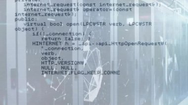 Soyut arkaplan üzerinden geometrik şekiller ve bilgisayar kodları canlandırılıyor. Animasyon, kodlama, teknoloji, fütüristik, dijital, hareket