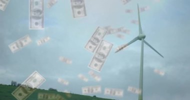 Yeşil tepenin üzerinde yüzen dolarlarla dolu bir rüzgar türbini. Yenilenebilir enerji, sürdürülebilirlik, rüzgar gücü, çevre dostu, finans
