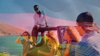 Bir grup arkadaş Almanya bayrak animasyonunda plaj gezisinin keyfini çıkarıyorlar. tatil, yaz, eğlence, seyahat, kutlama, rahatlama