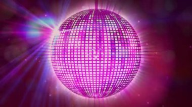 Dönen pembe disko topu. Animasyon arka planında ışıklar parlıyor. parti, dans, gece kulübü, canlı, renkli, aydınlatma