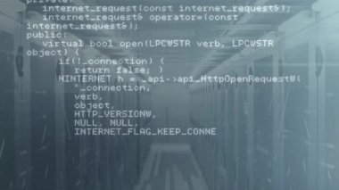 Veri merkezindeki sunucu rafları üzerinde bilgisayar kodu canlandırılıyor. Teknoloji, kodlama, sunucular, programlama, ağ, altyapı